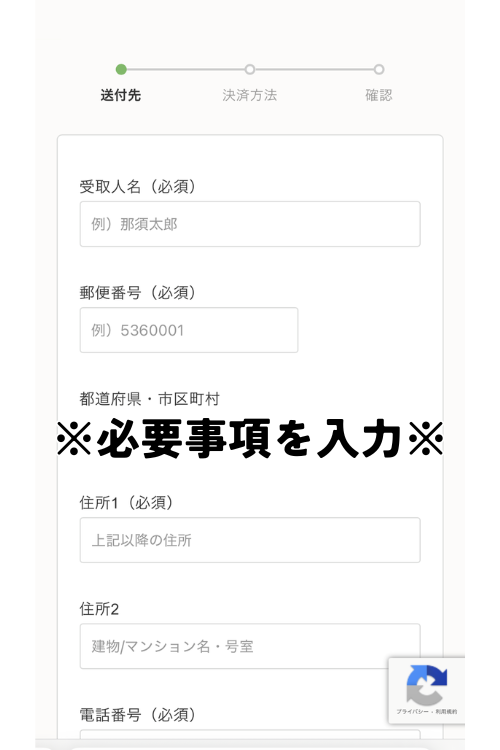 ナッシュで商品注文：必要事項入力画面