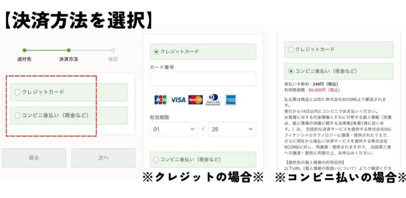 ナッシュの決済方法選択画面