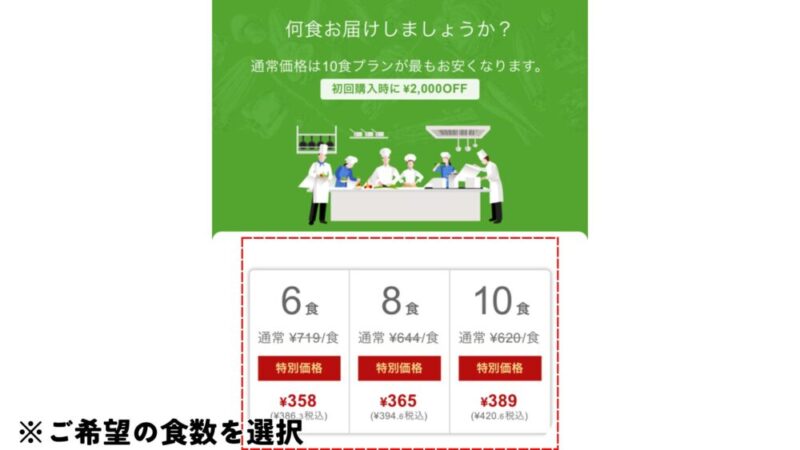 ナッシュ：食数選択画面